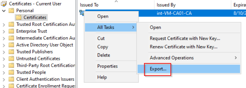 Export the certificate